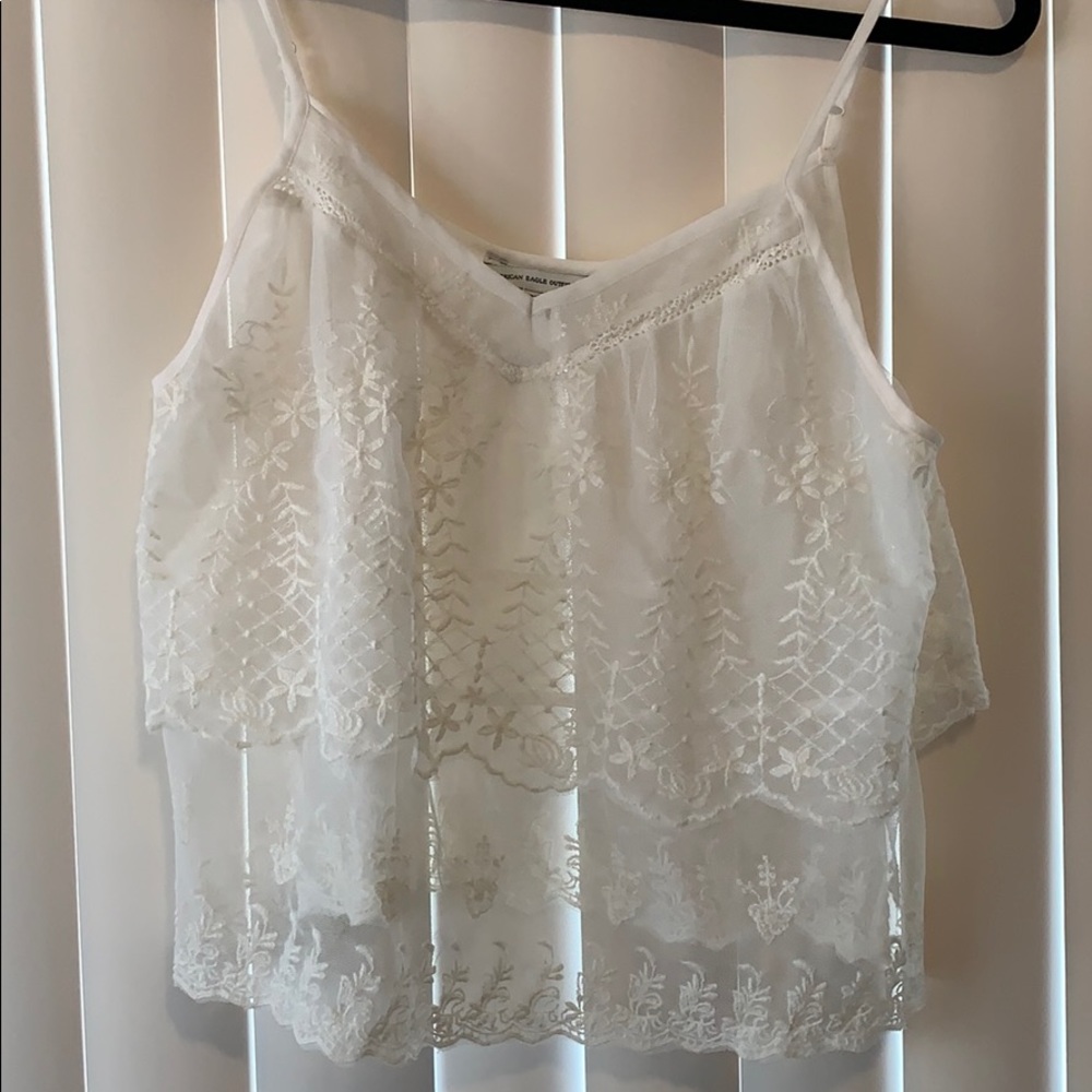American Eagle White Lace Cropped Tank Top